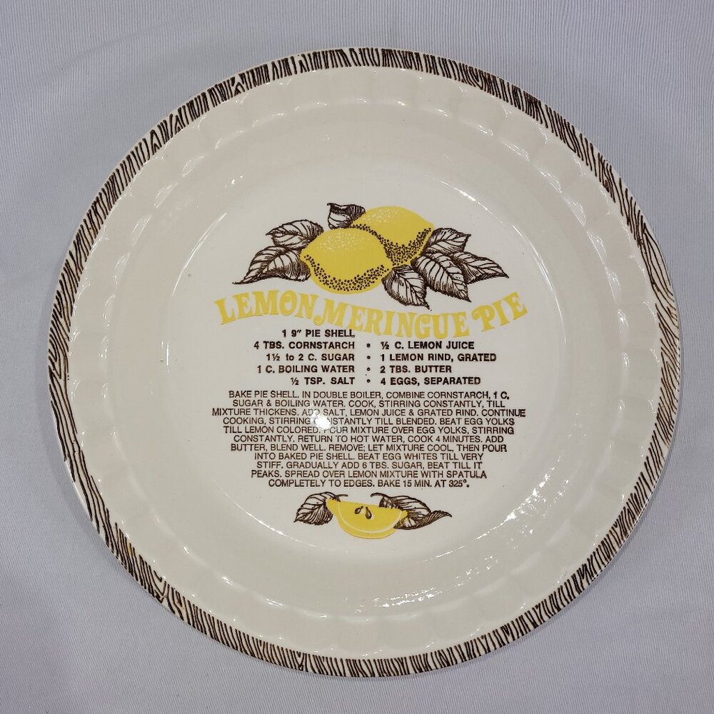 Lemon Meringue Pie 10.5" Vintage Ceramic Recipe Baking Dish
